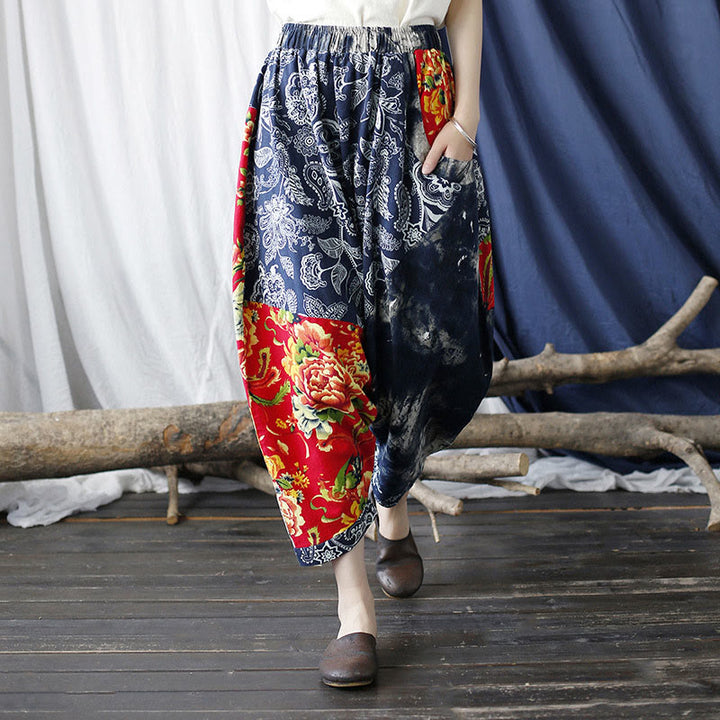 Pantaloni harem in cotone e lino patchwork con tasche, Buddha Stones, fiori di peonia blu e rossi