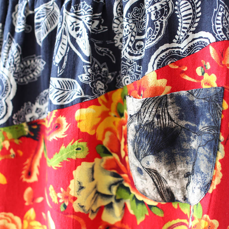 Pantaloni harem in cotone e lino patchwork con tasche, Buddha Stones, fiori di peonia blu e rossi