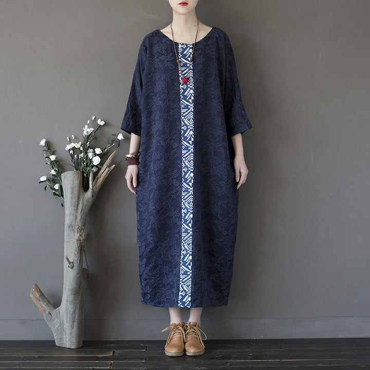 Abito midi in jacquard con ricamo di fiori blu Buddha Stones , abito in cotone con maniche a tre quarti e tasche