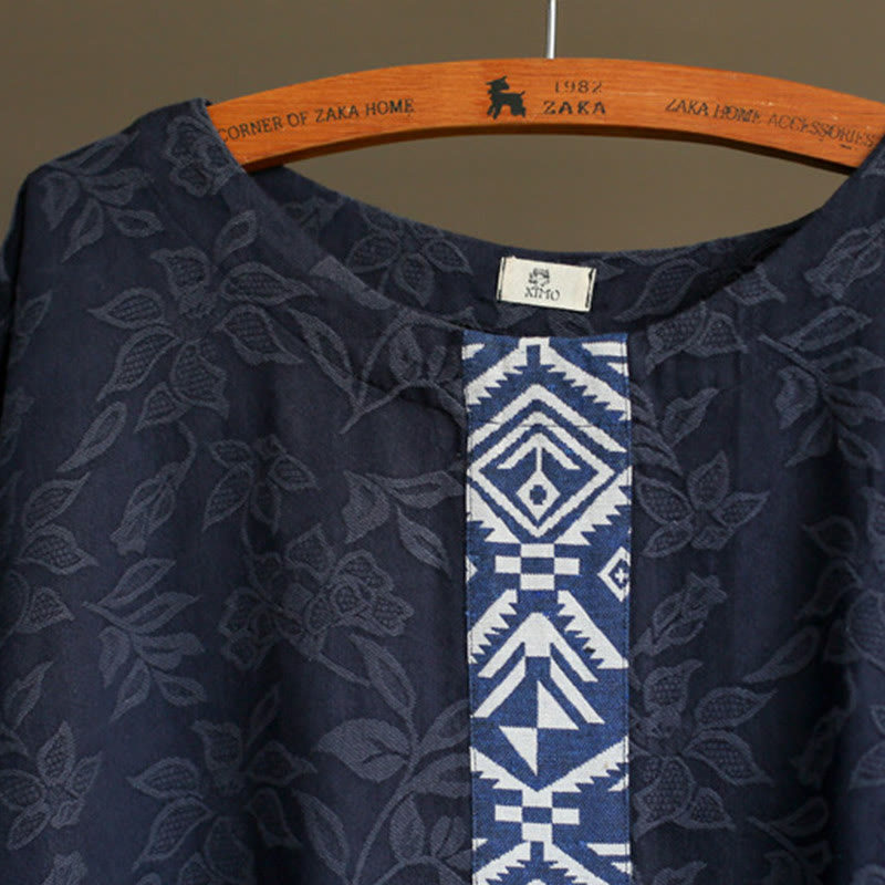 Abito midi in jacquard con ricamo di fiori blu Buddha Stones , abito in cotone con maniche a tre quarti e tasche