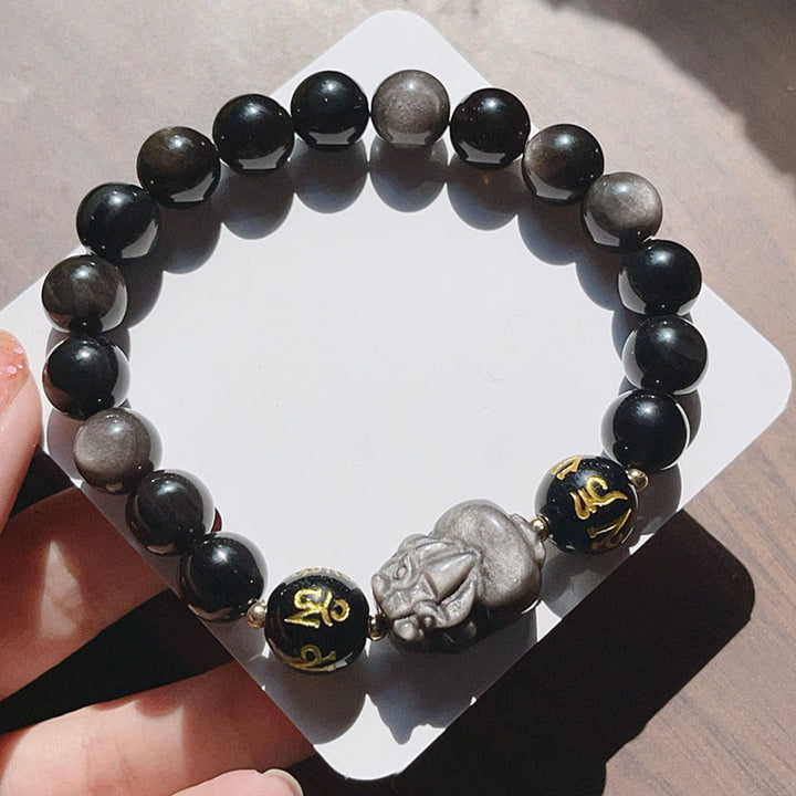 Buddha Stones Argento Naturale Ossidiana Lucente Ossidiana Nera Om Mani Padme Hum Pixiu Braccialetto di Protezione