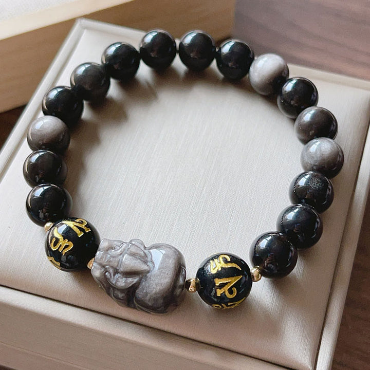 Buddha Stones Argento Naturale Ossidiana Lucente Ossidiana Nera Om Mani Padme Hum Pixiu Braccialetto di Protezione