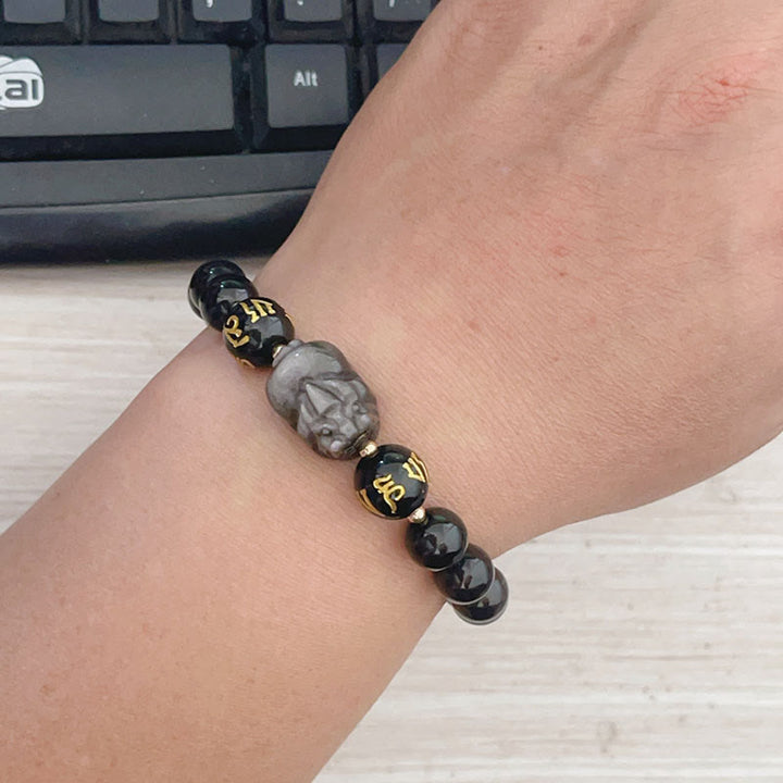 Buddha Stones Argento Naturale Ossidiana Lucente Ossidiana Nera Om Mani Padme Hum Pixiu Braccialetto di Protezione