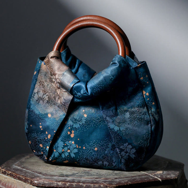 Borsa a mano con manico in legno blu con fiori in jacquard fatti a mano Buddha Stones