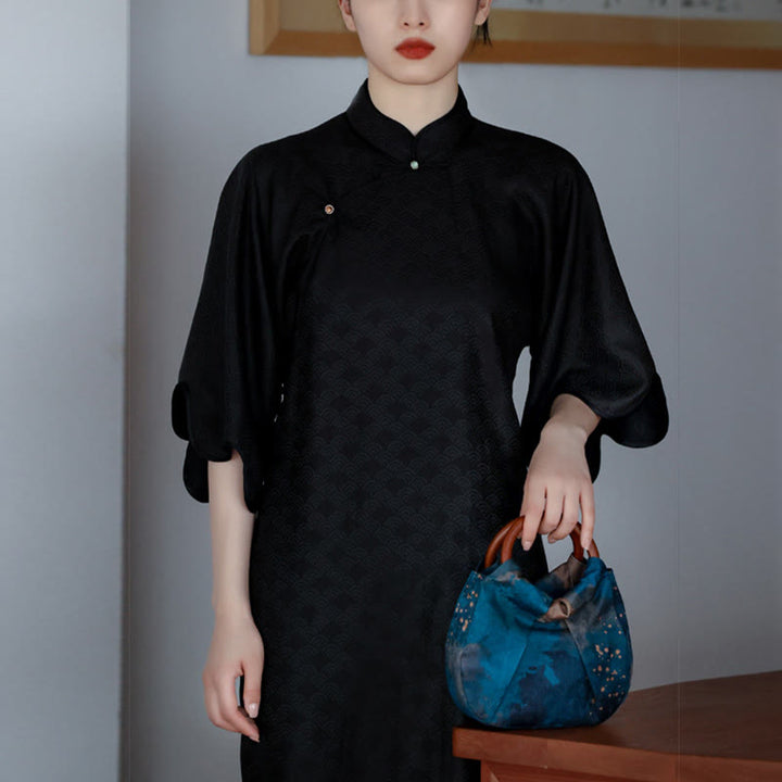 Borsa a mano con manico in legno blu con fiori in jacquard fatti a mano Buddha Stones