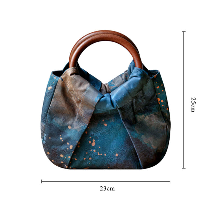 Borsa a mano con manico in legno blu con fiori in jacquard fatti a mano Buddha Stones