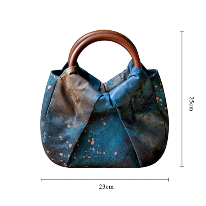 Borsa a mano con manico in legno blu con fiori in jacquard fatti a mano Buddha Stones