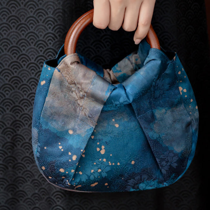 Borsa a mano con manico in legno blu con fiori in jacquard fatti a mano Buddha Stones