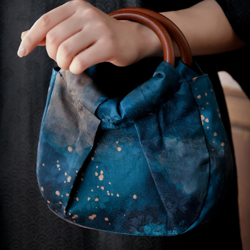 Borsa a mano con manico in legno blu con fiori in jacquard fatti a mano Buddha Stones