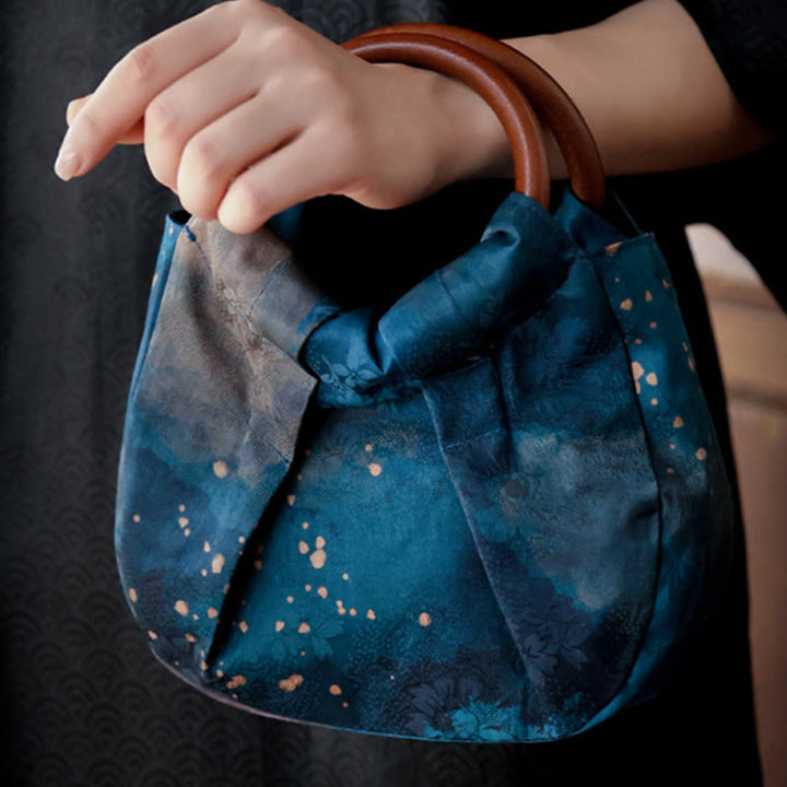 Borsa a mano con manico in legno blu con fiori in jacquard fatti a mano Buddha Stones