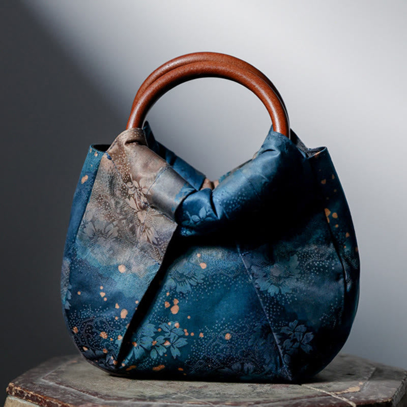 Borsa a mano con manico in legno blu con fiori in jacquard fatti a mano Buddha Stones