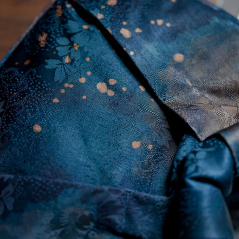 Borsa a mano con manico in legno blu con fiori in jacquard fatti a mano Buddha Stones