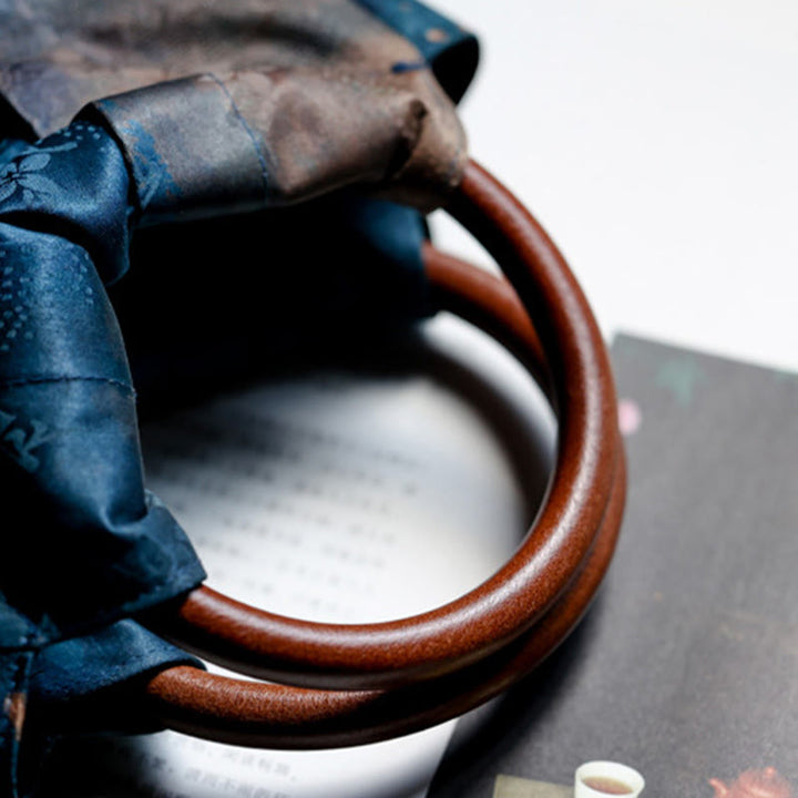 Borsa a mano con manico in legno blu con fiori in jacquard fatti a mano Buddha Stones