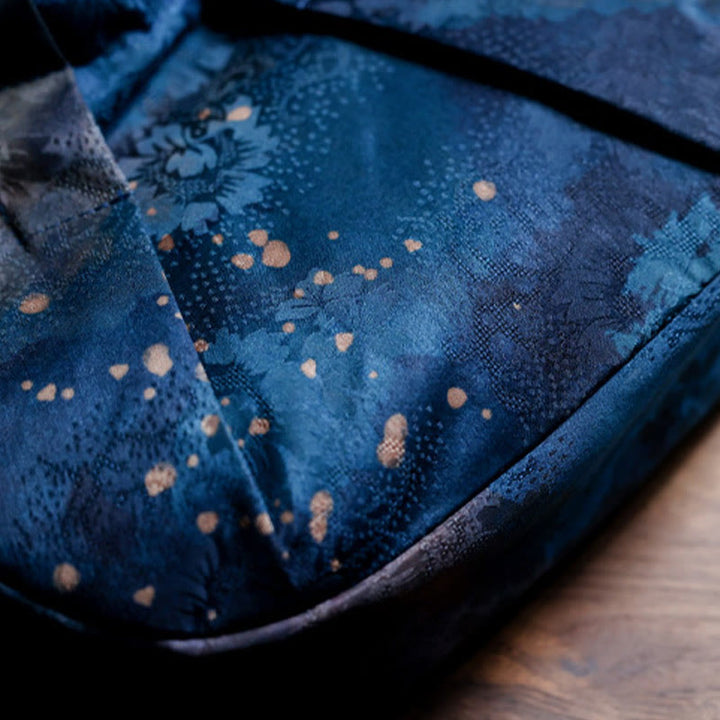 Borsa a mano con manico in legno blu con fiori in jacquard fatti a mano Buddha Stones