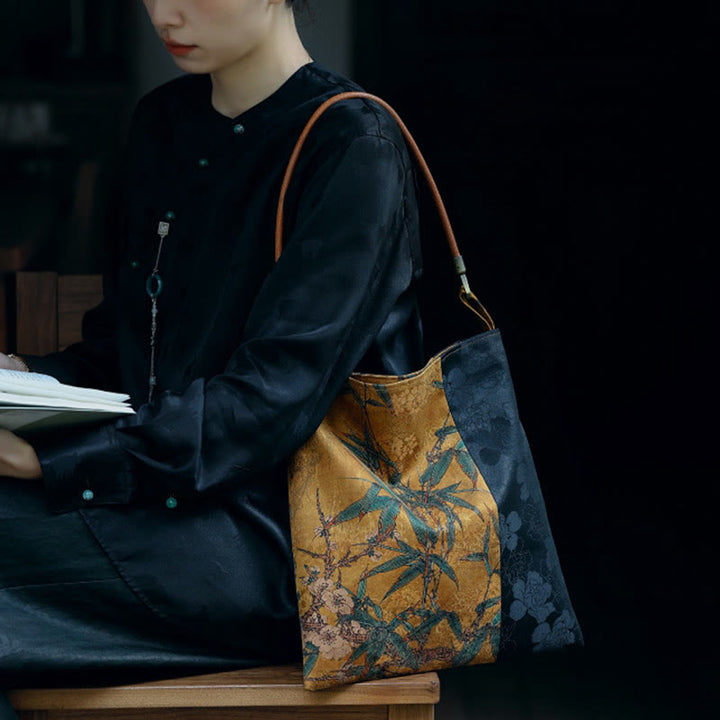 Borsa a tracolla con Buddha Stones di bambù, fiori, farfalle, cachi