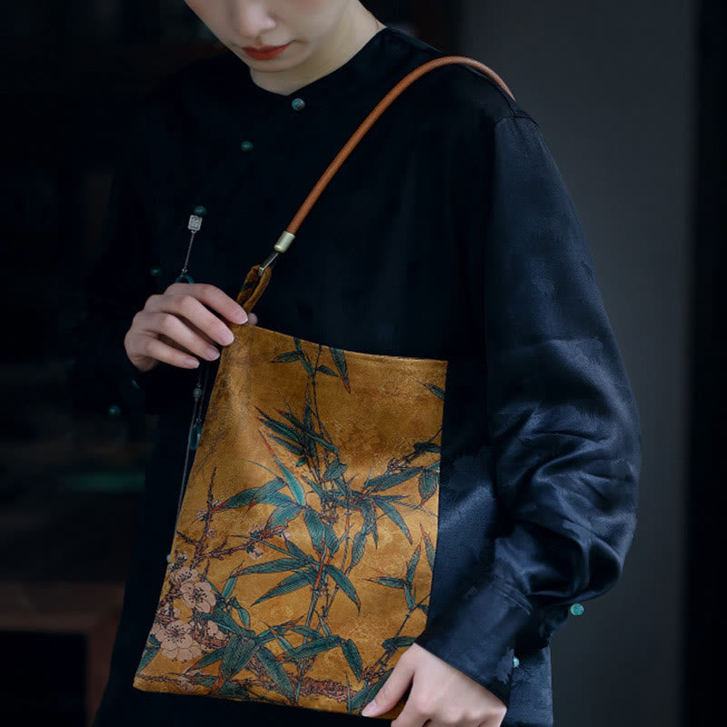 Borsa a tracolla con Buddha Stones di bambù, fiori, farfalle, cachi