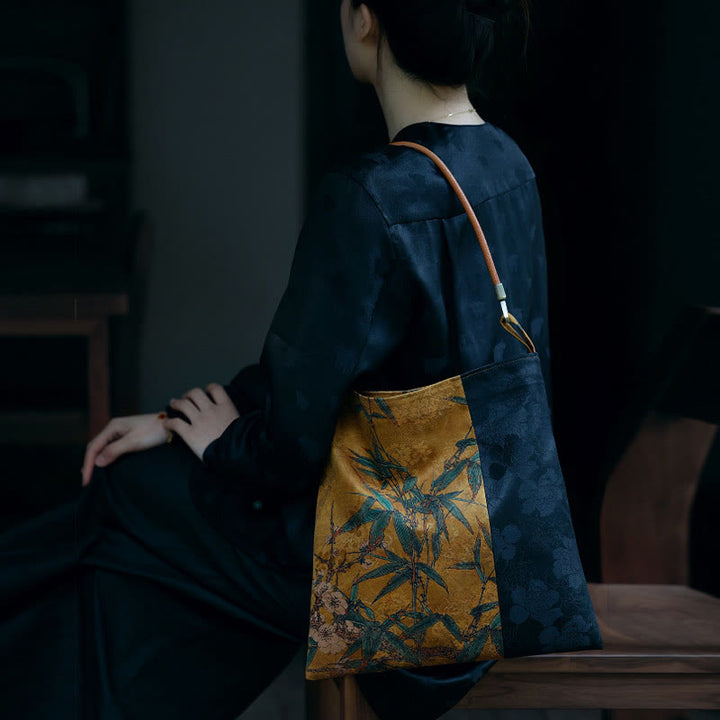 Borsa a tracolla con Buddha Stones di bambù, fiori, farfalle, cachi