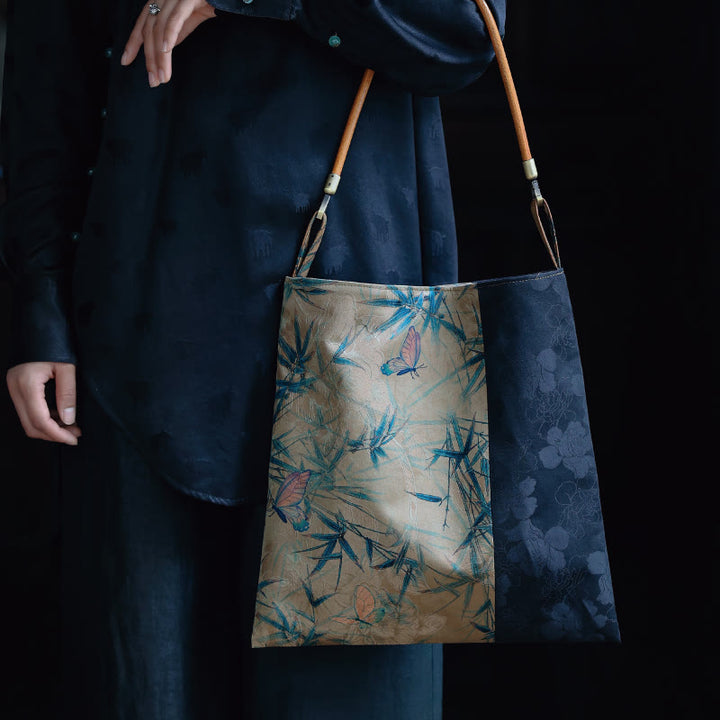 Borsa a tracolla con Buddha Stones di bambù, fiori, farfalle, cachi