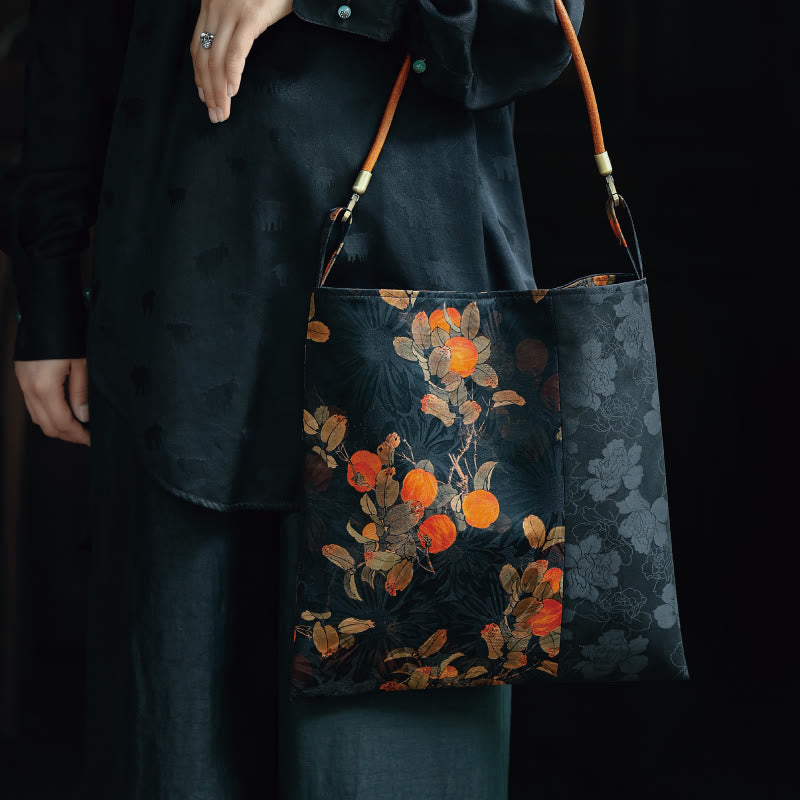 Borsa a tracolla con Buddha Stones di bambù, fiori, farfalle, cachi