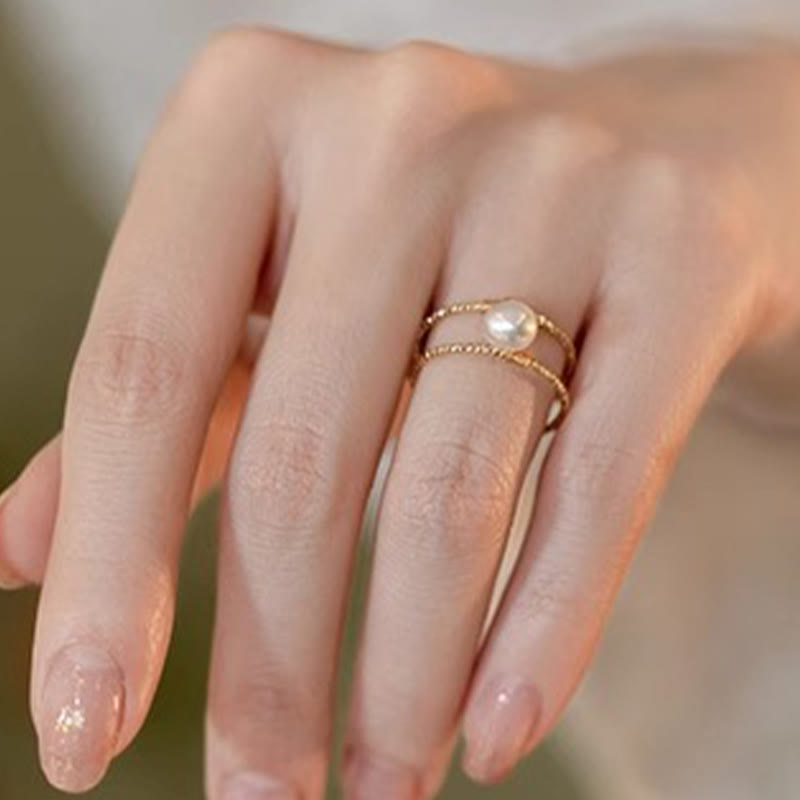 Anello regolabile con perle di giada rotonde in Buddha Stones e doppio strato di rame