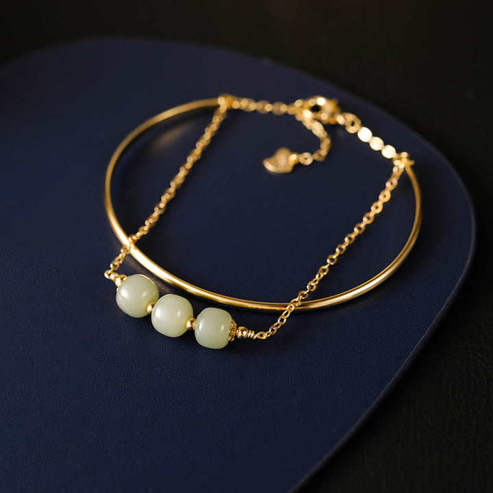 Braccialetto con perline di giada Hetian placcato in oro e rame, a doppio strato, Buddha Stones