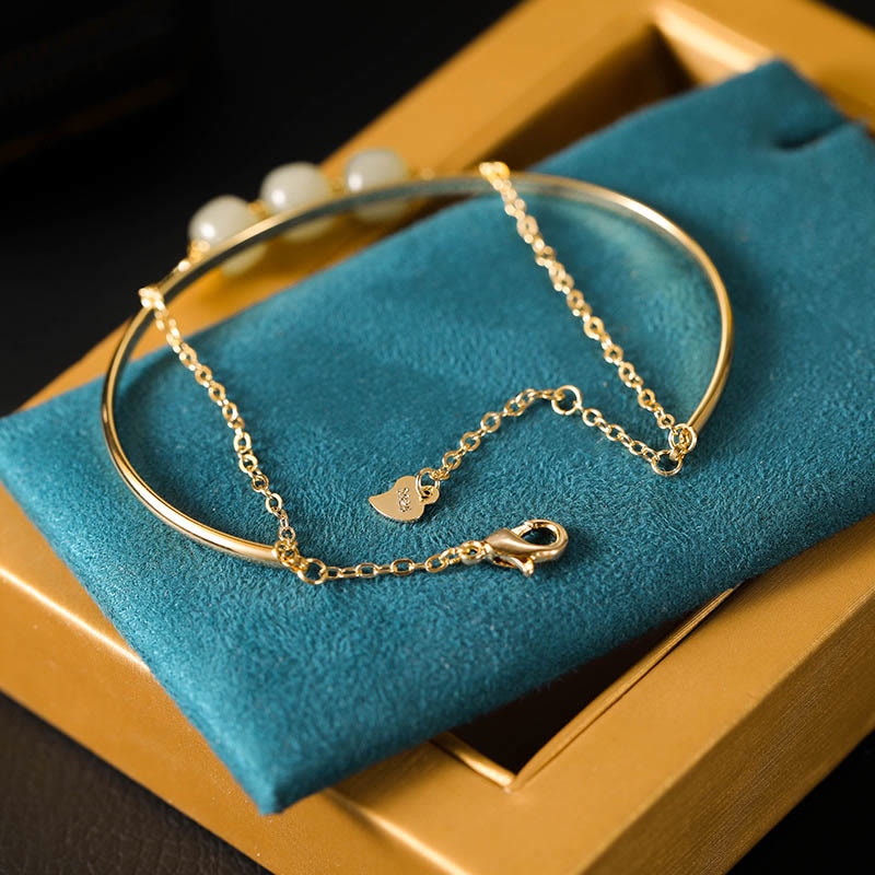 Braccialetto con perline di giada Hetian placcato in oro e rame, a doppio strato, Buddha Stones