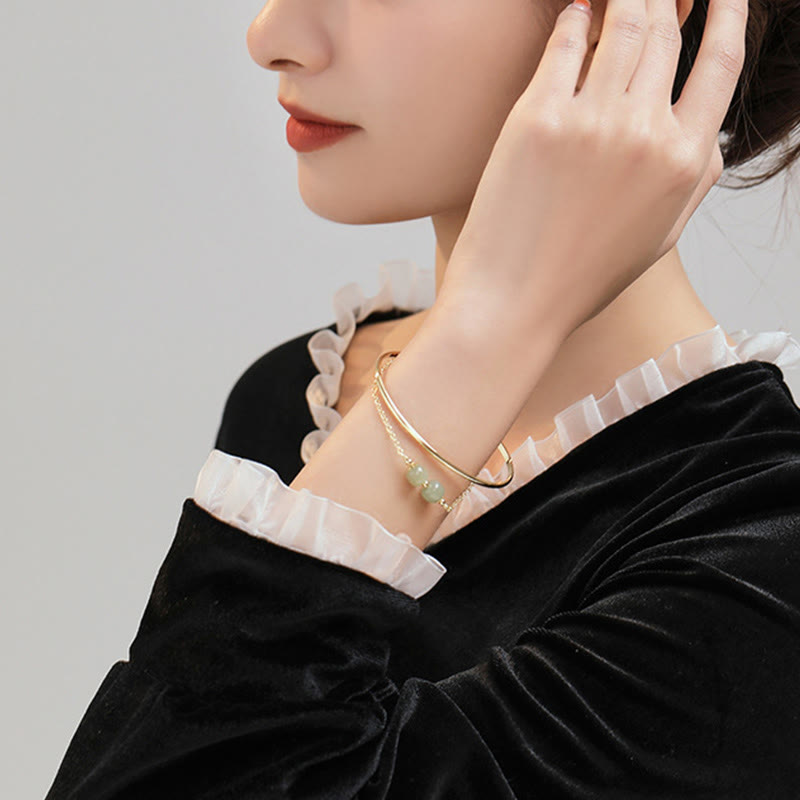 Braccialetto con perline di giada Hetian placcato in oro e rame, a doppio strato, Buddha Stones