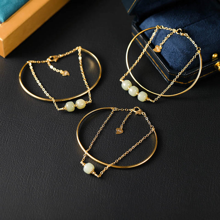 Braccialetto con perline di giada Hetian placcato in oro e rame, a doppio strato, Buddha Stones