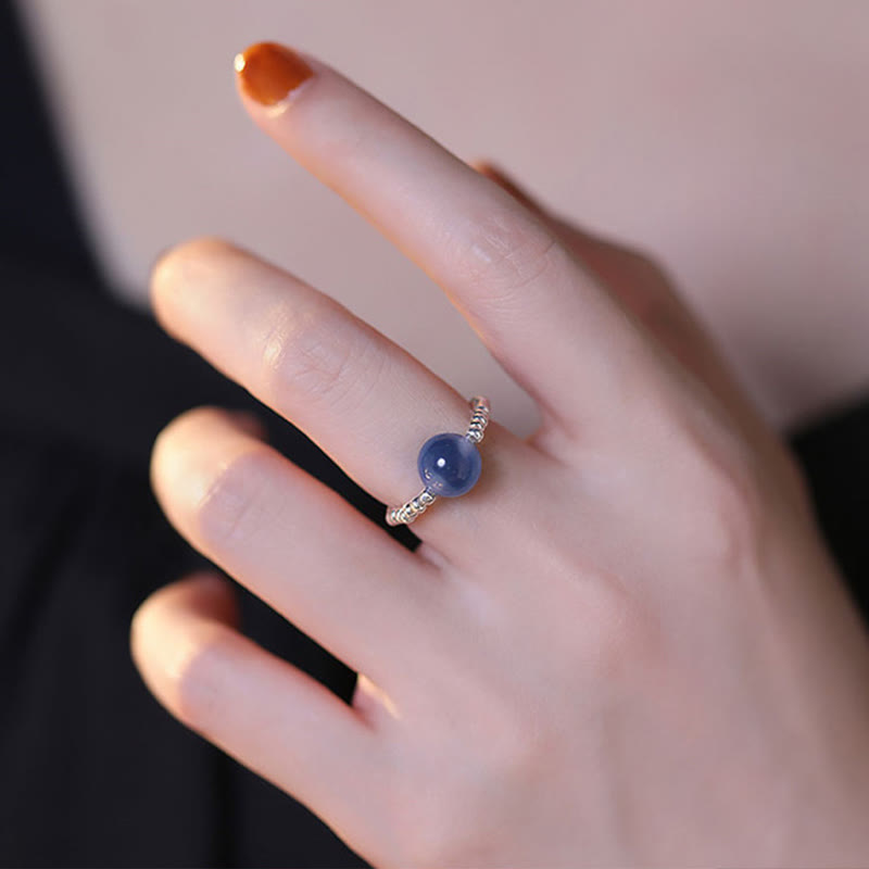 Anello con perline curative in agata blu caramellata in argento sterling 925 Buddha Stones