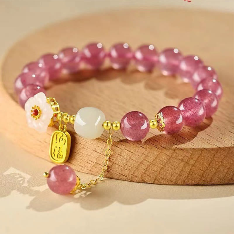Braccialetto di guarigione in cristallo rosa con carattere Fu in quarzo fragola Buddha Stones