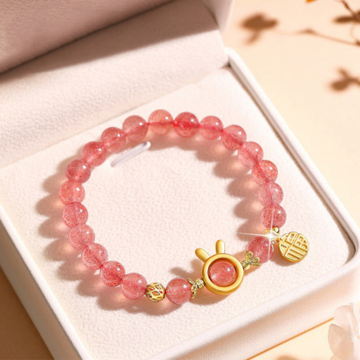 Braccialetto di guarigione in cristallo rosa con carattere Fu in quarzo fragola Buddha Stones