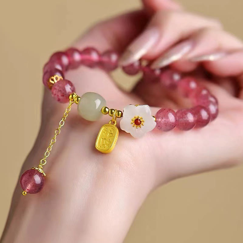 Braccialetto di guarigione in cristallo rosa con carattere Fu in quarzo fragola Buddha Stones