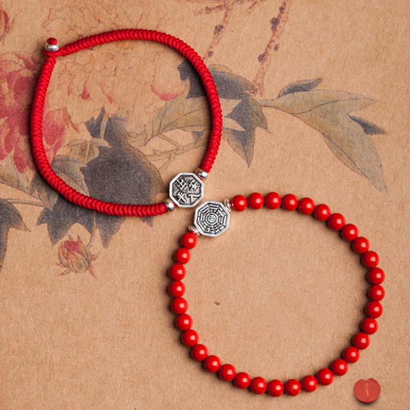 Braccialetto di concentrazione in corda di cinabro con simbolo Yin Yang Bagua in argento sterling 925 Buddha Stones