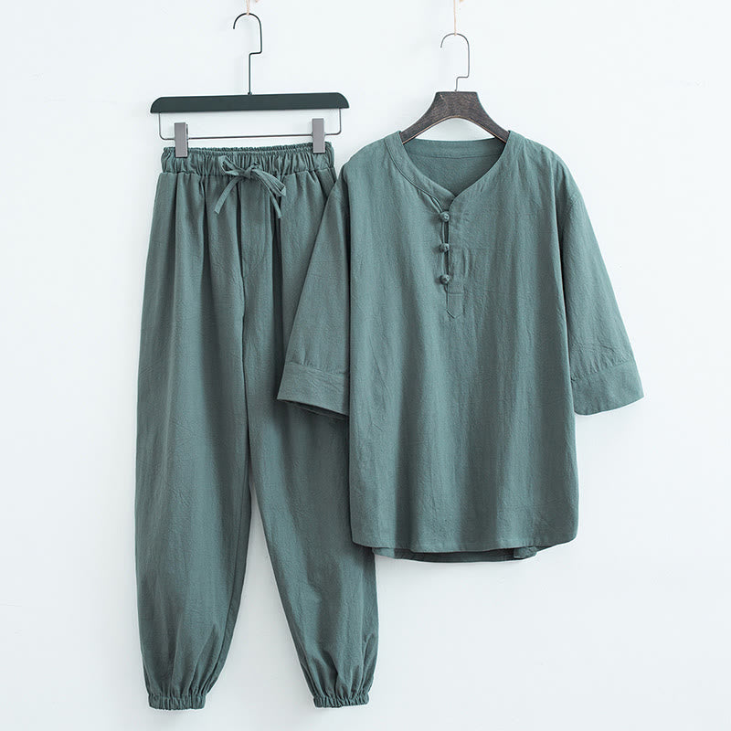 Buddha Stones Solid Color Tradizionale Cotone Lino Manica Corta T-shirt Pantaloni Abbigliamento Uomo Set - Verde (Top e Pantaloni) - US/UK/AU44, EU54 (4XL) - image 0