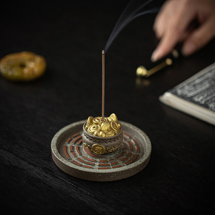 Buddha Stones Piccola ciotola del tesoro Sacchetto fortunato Vassoio Bagua Bastoncino di ceramica curativo Bruciatore di incenso Decorazione