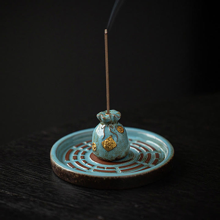 Buddha Stones Piccola ciotola del tesoro Sacchetto fortunato Vassoio Bagua Bastoncino di ceramica curativo Bruciatore di incenso Decorazione