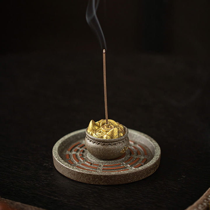 Buddha Stones Piccola ciotola del tesoro Sacchetto fortunato Vassoio Bagua Bastoncino di ceramica curativo Bruciatore di incenso Decorazione