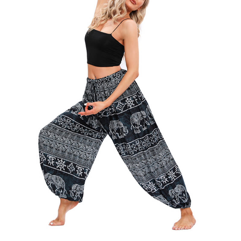 Pantaloni harem casual larghi con motivo geometrico a elefante Buddha Stones, pantaloni da yoga da donna - Nero - US4-8/10, UK/AU8-12/14,EU36-40/42 (F) - image 8