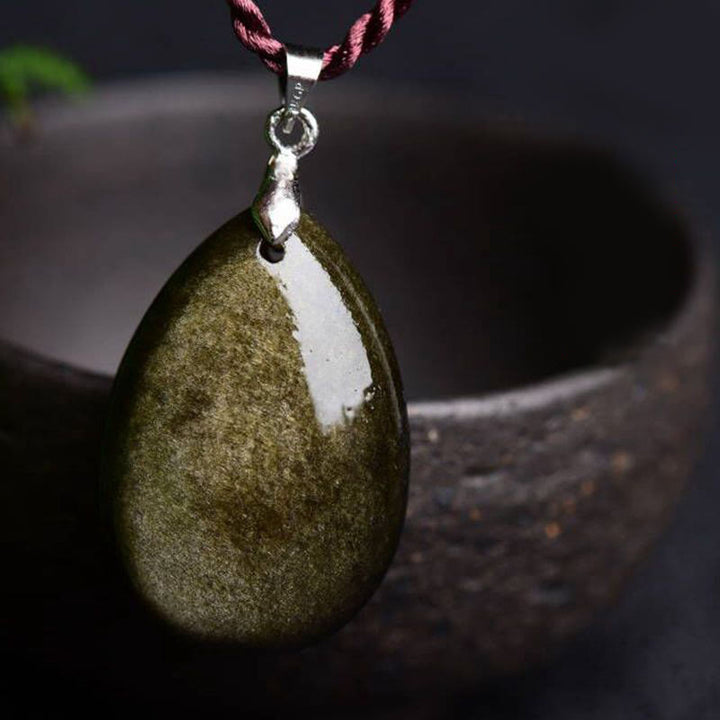 Buddha Stones Oro Lucentezza Ossidiana Ossidiana Nera Ossidiana Arcobaleno Ricchezza Goccia D'acqua Collana Pendente