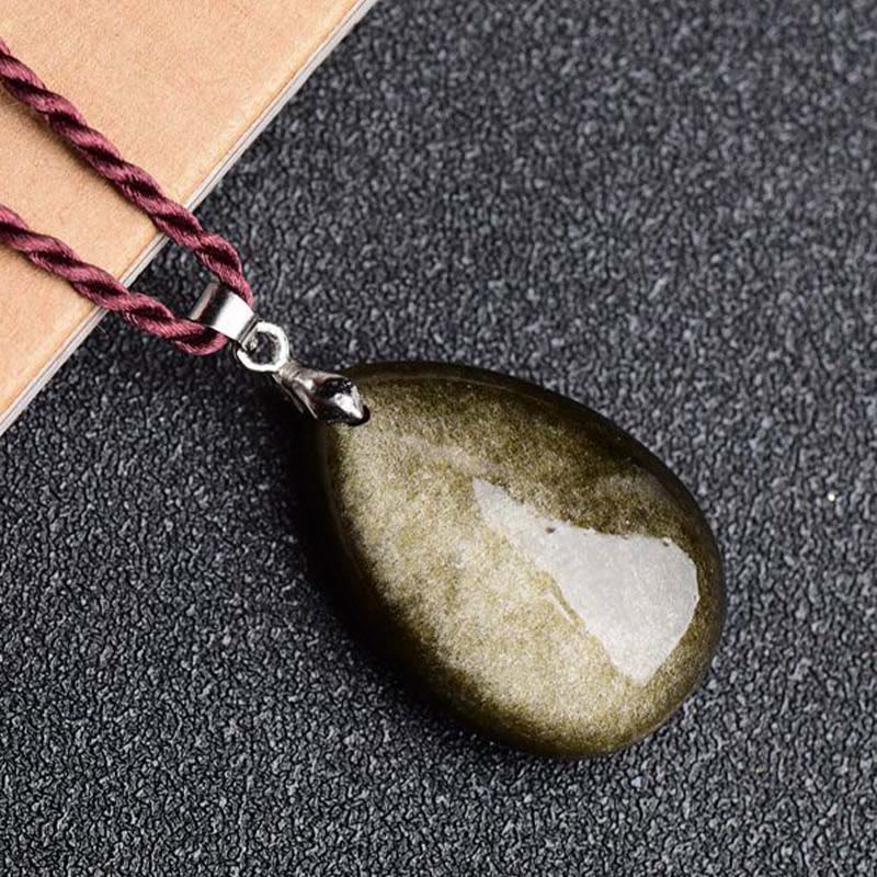 Buddha Stones Oro Lucentezza Ossidiana Ossidiana Nera Ossidiana Arcobaleno Ricchezza Goccia D'acqua Collana Pendente