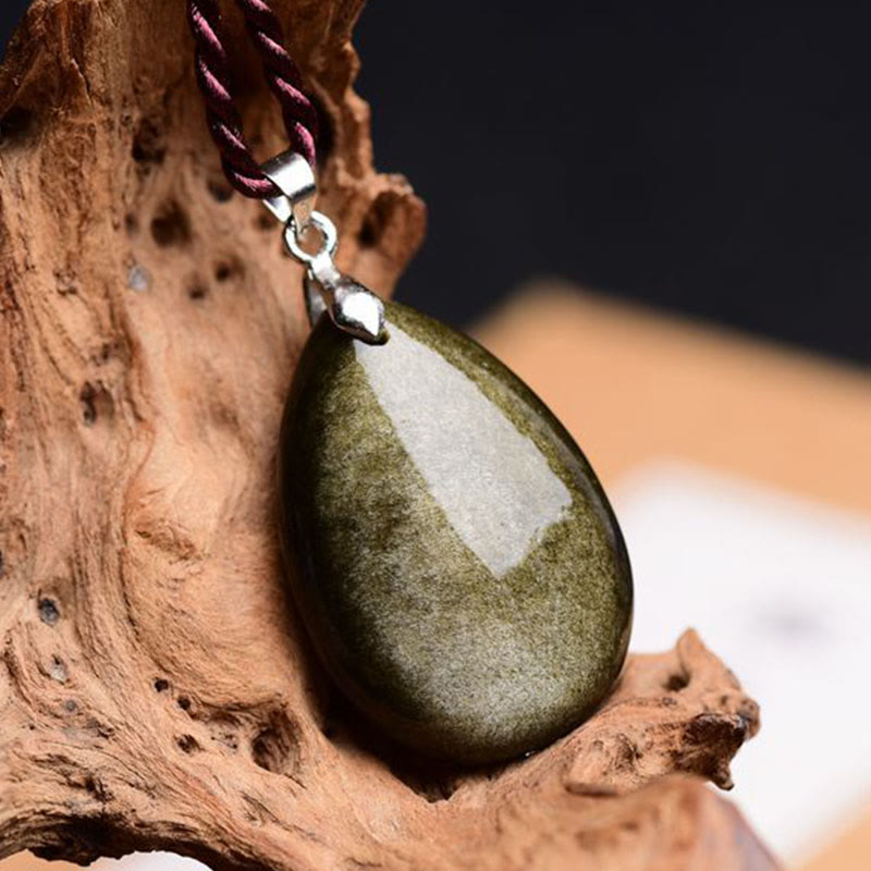 Buddha Stones Oro Lucentezza Ossidiana Ossidiana Nera Ossidiana Arcobaleno Ricchezza Goccia D'acqua Collana Pendente