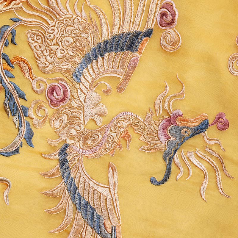 Abito in organza di seta di gelso al 100% Buddha Stones con ricamo giallo Phoenix Qipao Cheongsam