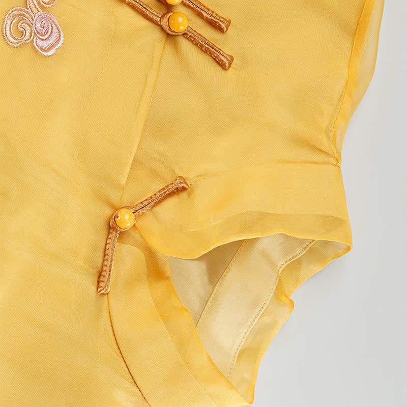 Abito in organza di seta di gelso al 100% Buddha Stones con ricamo giallo Phoenix Qipao Cheongsam