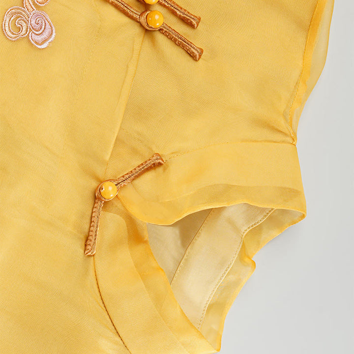 Abito in organza di seta di gelso al 100% Buddha Stones con ricamo giallo Phoenix Qipao Cheongsam