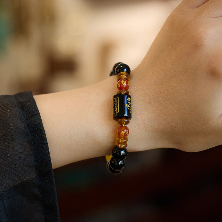 Bracciale Buddha Stones Five Elements Onice Nero Agata Rossa Saggezza Ricchezza