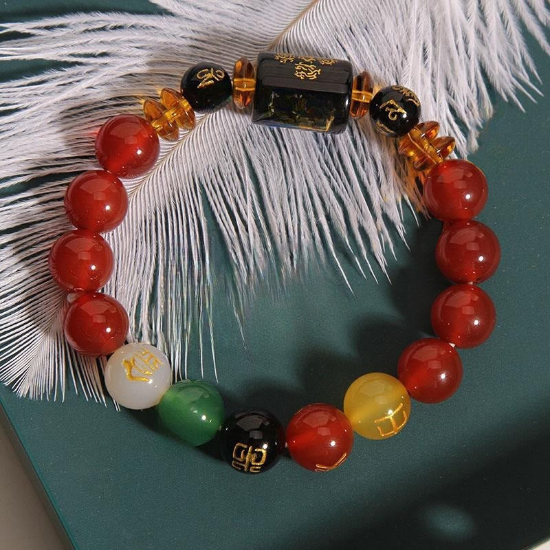 Bracciale Buddha Stones Five Elements Onice Nero Agata Rossa Saggezza Ricchezza
