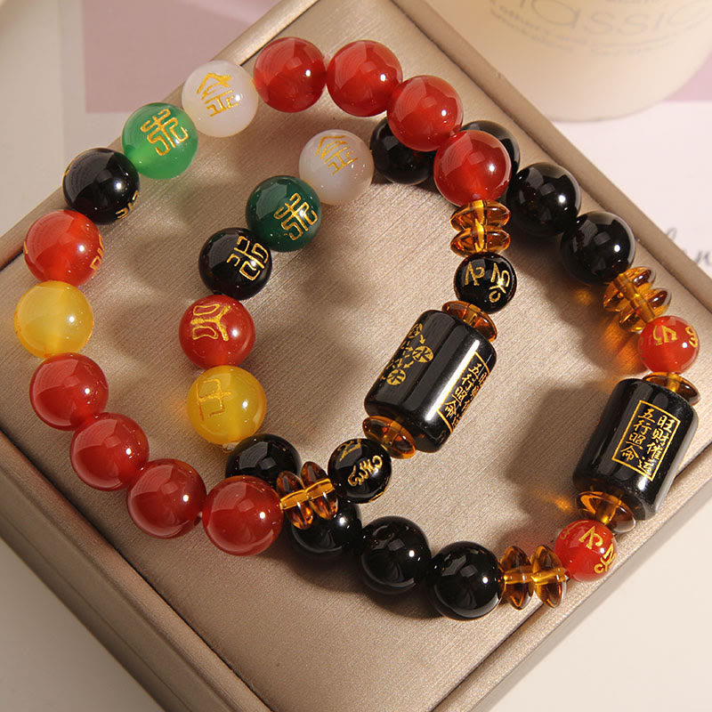 Bracciale Buddha Stones Five Elements Onice Nero Agata Rossa Saggezza Ricchezza