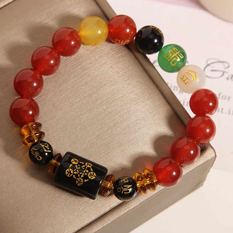 Bracciale Buddha Stones Five Elements Onice Nero Agata Rossa Saggezza Ricchezza