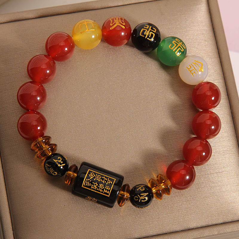 Bracciale Buddha Stones Five Elements Onice Nero Agata Rossa Saggezza Ricchezza