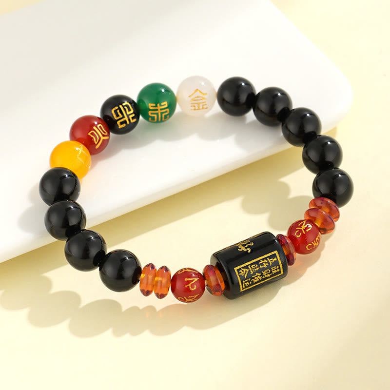 Bracciale Buddha Stones Five Elements Onice Nero Agata Rossa Saggezza Ricchezza